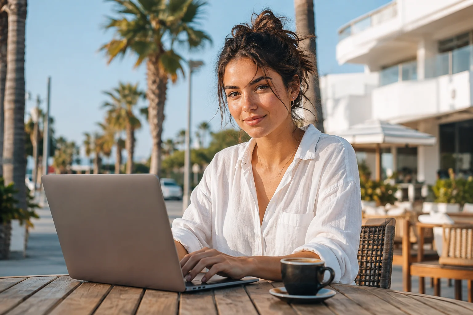 Illustrative young adult learning with a laptop at a sunny palm-lined cafe